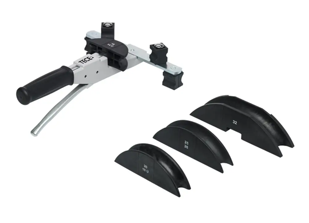 TECE mobile Biegemaschine mit Hebelmechanismus und verschiedenen Biegeformen in Schwarz, geeignet für die Bearbeitung von Rohrmaterialien.